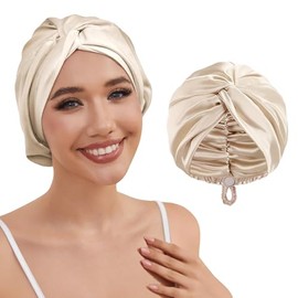 HFRHTGY Adjustable Silk Satin Hair Bonnet for Sleeping Women Hair Wrap, Double Layer Night Turban, Sleep Cap for Natural Curly Straight Unisex - Champagne
