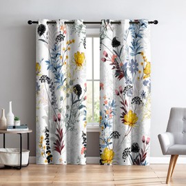 Renaiss Botanical Plants Blackout Curtains, Wild Flowers Plants Print Thermal Insulated Bedroom Window Curtains, Boho Floral Window Drapes for Living Room, 84" L x 42" W 2 Panel Set