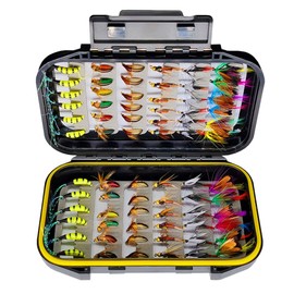 Qitewwrme Fly Fishing Fly Kit, 24-100 Pieces Artificial Fly Fishing Bait with Dry/Wet Flies, Streamer, Fly Assortment Trout Fishing with Box (72 Pieces/Kit (6 Mixed Styles))
