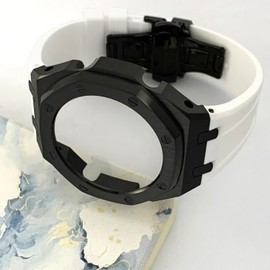 Ga2100 Watch Strap Case Mod Kit Parts,Black Smooth Metal Case Modify Custom Replace Silicone Watch Band Strap Compatible With Casio G shock Ga-2100/Ga-2110/GA-B2100 (White Silicone Band)