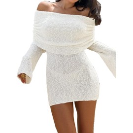 BreathSunny Womens Crochet Knit Long Sleeve Swimsuit Coverup Summer 2025 Off The Shoulder Sheer Mesh Swimwear Coverups Beach Swim Bikini Bathing Suit Cover Up Dress for Women Cover Ups White M