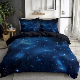 Bed Linen Black 135 x 200 cm 3D Effect Reversible Bed Linen Set Starry Clear Night Sky Stars Polycotton Luxury Modern Printed Duvet Cover Set with Zip 80 x 80 cm