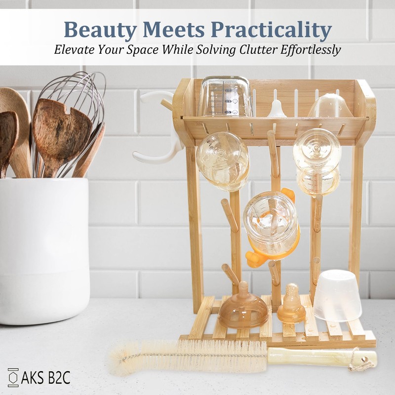 AKS B2C Bamboo Baby Bottle Drying Rack, Vertical Space Saving