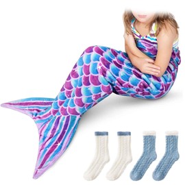 SSKHE Mermaid Tail Blanket Nap Blanket Flannel Wearable Blanket 130X50cm Coral Plush Thickened Socks, Home Sleep Socks Purple Blue Mermaid Sleeping Bag Universal for Adults and Kids