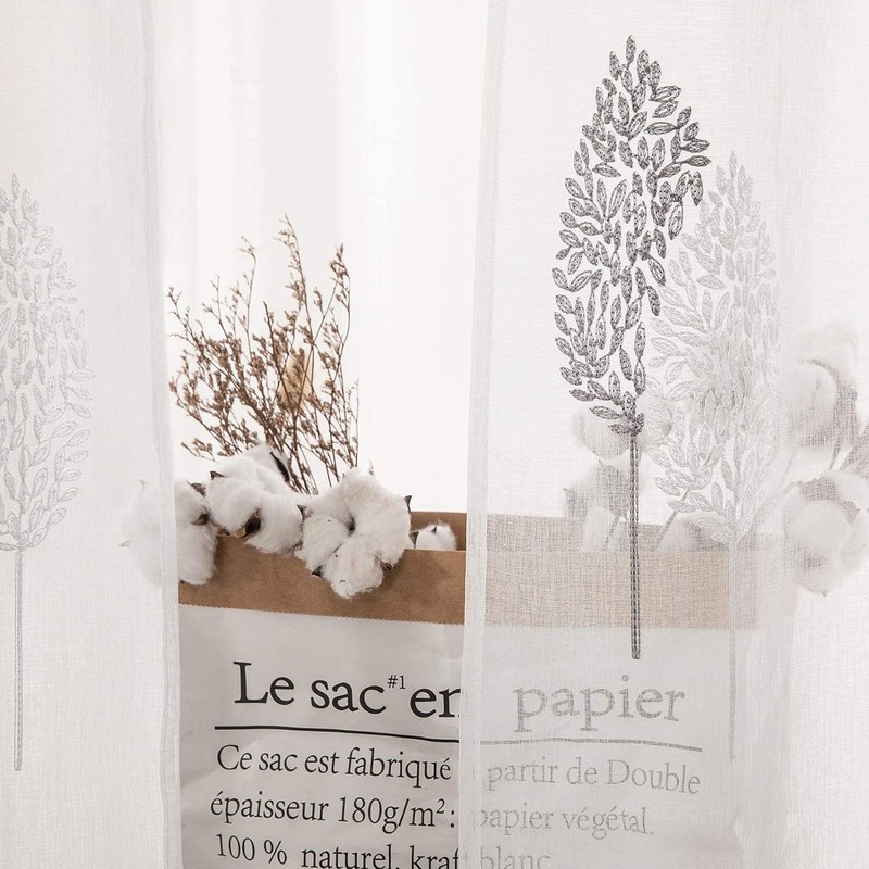 MIULEE Living Room Curtains, Transparent, Beautiful Grey and White Leaves