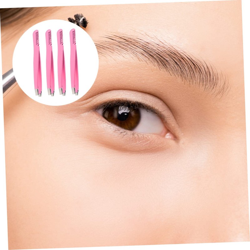 FOMIYES 4pcs Eyebrow Tweezers Stainless Steel Diagonal Tweezers Comb for