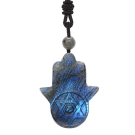 Natural Carved Labradorite Buddha's Hand 45mm Pendant Necklace for Unisex Crystal Stone Amulet Necklace with Adjustable Cord 18 to 28 inch