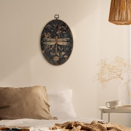 XBBMGG Vintage Moody Dragonfly Wall Art Decor, Dark Cottagecore Floral Oval Wall Hanging Decor, Dragonfly Floral Framed Canvas Prints for Home Office Living Room Decorations，8.6" x 11.4 "