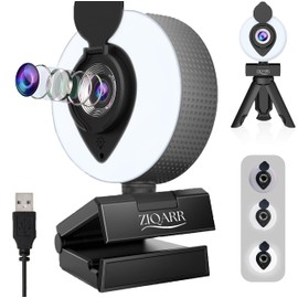 Ziqarr FHD 1080p All-in-One Webcam with Light and with Built-in Noise Reduction Microphone, Privacy Cover, Mini-Tripod and 110° Field of View for Streaming, Conferencing, Meetings and Gaming