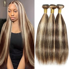 Dokksiiia Ombre P4/613 Highlight Piano Color Straight Bundles Human Hair Dark Brown and Blonde Bundles Double Weft Brazilian Human Hair Extensions Silky and Soft for Black Women 26 28 30 Inch