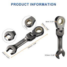 HARFINGTON 2Pcs Flex Head Stubby Ratcheting Combination Wrench 11mm Metric 72-Teeth CR-V Steel Nickel Plated Flex-Head Ratchet Wrench for Fasteners Nut Bolt