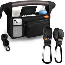 Baby Uma Stroller Caddy & Stroller Hooks - Universal Organizer Bag with XL Insulated Cup Holder, Phone Pocket, Wipes Dispenser, Wrist Bag & Mesh Pocket + 2 Carabiner Clips, Baby Travel Essential Kit