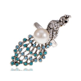 Alilang Silver Tone Synthetic Aquamarine Crystal Rhinestone Faux Pearl Peacock Bird Adjustable Ring