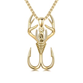 PROESS Gold Fish Hook Necklace for Men 925 Sterling Silver Deer Antler Pendant Necklace Antler Fish Hook Hunting Jewelry for Father Son Fathers Day Christmas