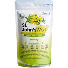 St John's Wort 500mg - 120 Tablets | 4 Month Supply | High Strength | Vegan | Lab Tested | Allergen Free | Made in The UK - Vitaherbs