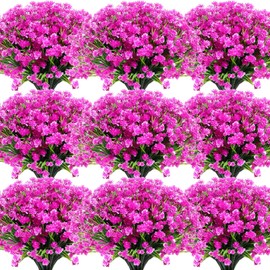 Hoteam 50 Bundles Outdoor Artificial Flowers Plants Uv Resistant Outside Faux Flowers Plastic Fake Plants Outdoor Summer Fall Four Seasons Decoration Shrubs Garden Porch Box, Purple Red