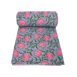 MAVISS HOMES Indian Hand Block Print Kantha Quilt Queen Size Quilt Kantha Bedspread White Quilt Cotton Kantha Throw Bedding (Grey, Twin 90 X 60 In)