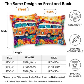 FexNuvko Hippie Van Throw Pillow Covers 18x18 Set of 2 | Home Decor Retro 1960s Cushion Cases with Zipper | Decorative Pillowcases for Couch, Sofa, Living Room and Bedroom