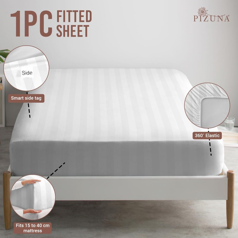 Pizuna 100% Cotton White Satin Stripe King Size Fitted Sheets,