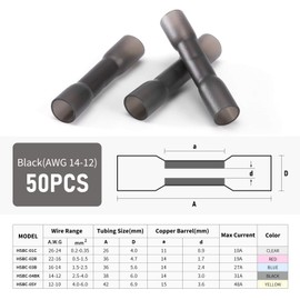 ([14-12 AWG] x 50) - Heat Shrink Butt Connectors, 50Pcs 14-12 AWG Black Insulated Waterproof Electrical Wire Connectors Automotive Marine Grade Wire Crimp Terminals Butt Splices, Ideal for Boat, Truck, Stereo - Black