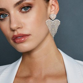 Clearine Tassel Rhinestone Heart Dangle Earrings for Women Long Chandelier Crystal for Wedding Party Prom, Crystal