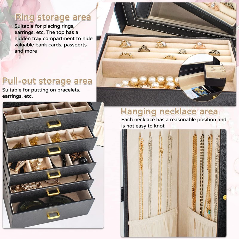 AKOZLIN Huge Jewelry Box Organizer Functional Lockable, Large Leather Jewelry