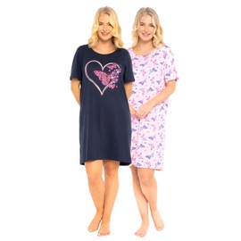 Womens Pack of 2 Short Sleeved 100% Cotton Jersey Nightshirts. Butterfly, Heart, Stag, Bee, Campervan Print Designs (SUMMER HEART NAVY, 20-22)