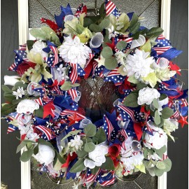 Janeva's Pretty Things XL Rose & Dahlia Patriotic 4th of July Memorial Day Deco Mesh Front Door Wreath
