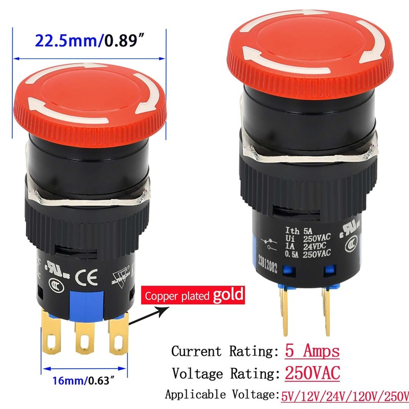 Mini Emergency Stop Push Button Switch 5/8" Hole 16mm 2