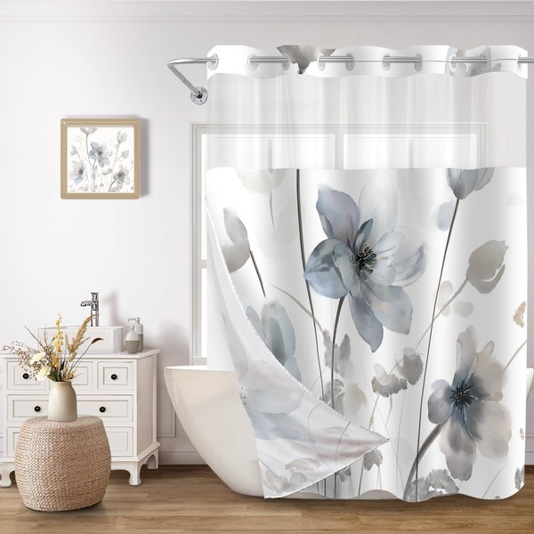 CTOTSYC No Hook Boho Floral Shower Curtain Set with Snap-in