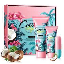 Geschenke Set Frauen, Coconut Oil Pflegeset Damen, Körperpflegesets, Enthält Coconut Body Lotion, Hand Cream, Lip Balm, Frische Kokosnuss-Duft, Tiefenpflegende, 3-in-1-Wirksamkeitspflege