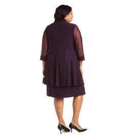R&M Richards Women's Size 2 Piece Mesh Panel Beaded Neck Jacket Dress Plus, Plum, 20W