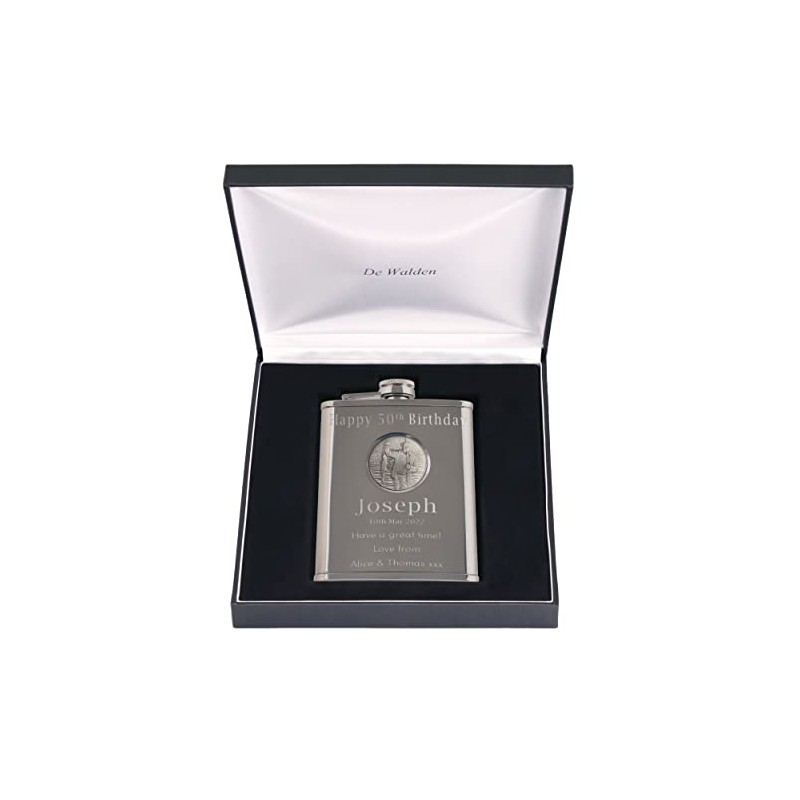 50th Birthday Engraved Hip Flask Fly Fishing Feature in Gift