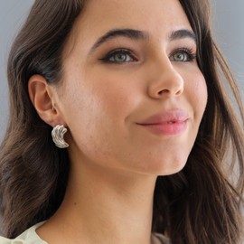 Ribbed Bold Stud Earrings | Rhodium-Plated Grooved Earrings | Gold Feather Textured Statement Earrings