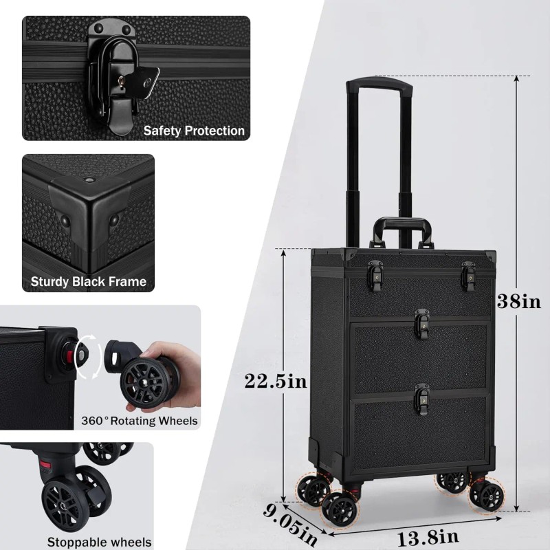 Leather Rolling Makeup Train Case with Wheels 2 Drawers Professional