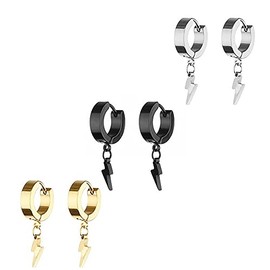 3 Pairs Unisex Punk Hip Hop Stainless Steel Silver Black Gold Tone Lock Thunder Lightning Bolt Dangle Huggie Hoop Earrings Gift for Women Men