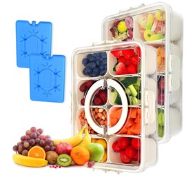 ÜberBin 2 Pack Snackle box container With Ice Pack,Divided Serving Tray with Lid and Handle, Clear Snack Organizer for Fruits, Snacks, Candy, Nuts - Ideal for Party & Picnics (Pack of 2)