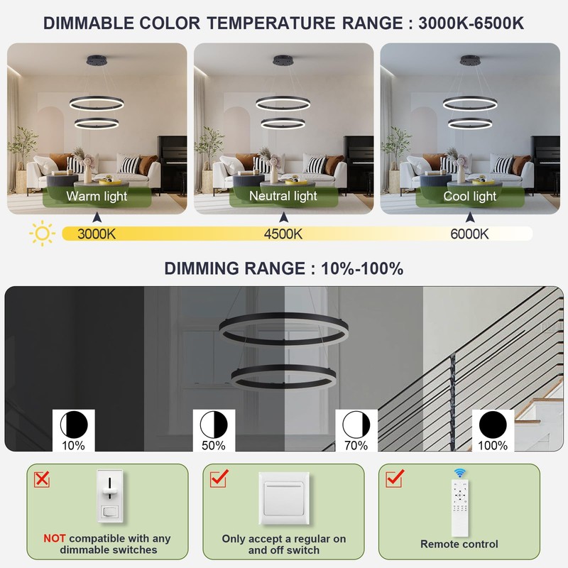 Benkut 2-Rings Modern LED Chandelier Black for Dining Room, Circular