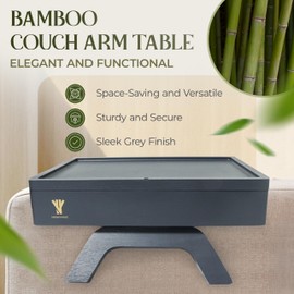 WaxenWood Bamboo Couch Arm Table, Sofa Arm Tray, 360 Rotating Trayble, Clip On Side Table for Couch, Perfect Size for Remotes, Storage and Includes 4 Bonus Coasters, 13x9.25x2.5in, Grey