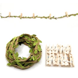 Photo Garland Banner - Clip Photo/Card Holders - Mini Clothespins with Decorative Jute Twine (TAN: Leaf Jute - Clothespins)