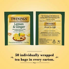 Twinings Lemon Ginger Herbal Tea Bags 50 Count Caffeine Free Brew Anytime