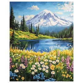 ARNLRDYA Mount Rainier National Park Oil Painting Without Framed Acrylic Paint, Spring Flower Painting by Numbers, Grassland and Natural Scenery Home Wall Decor for Beginner Gift(16×20inch)