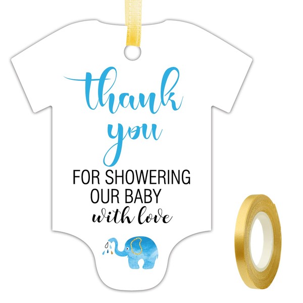 50 PCS Thank You for Showering Our Baby with Love, Cute Blue Elephant Thank You Tags, Baby Onesie Shaped Gift Tags, Baby Shower Favor Tags, Baby Shower Birthday Party Favor Decorations.