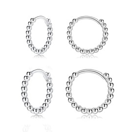 Silver Hoops Earrings for Women| 2 Pairs Small Sterling Silver Post Beaded Huggie Earrings| Hypoallergenic Tiny Cartilage Sleeper Cuff Jewelry for Men Ladies Girls, 10mm 12mm
