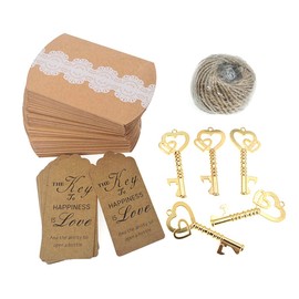 ALIMITOPIA 50pcs Double-heart Key Bottle Opener Wedding Party Favor Souvenir Gift with Candy Box Escort Tag and Jute Rope(Gold Tone)