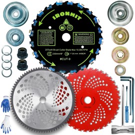 IRONHIT 9" x 20T Chainsaw Tooth Brush Cutter Blades, 9" x 36 Teeth Carbide Tipped Blades, 10" x 80T Carbide Tip Blades,Trimmer Blades,1'' / 2.54MM Arbor Size (3 Blades with Adaptor Kits)