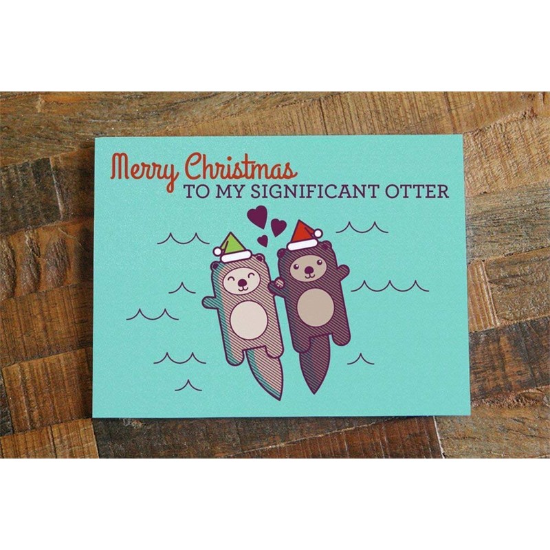 Cute Otters Holding Hands Christmas Card - "Merry Christmas to
