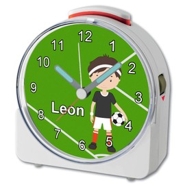 CreaDesign, WU-71-1011, Fußball, analog Kinderwecker weiß, Funkwecker mit Sweep-Uhrwerk und fluoreszierenden Zeiger und Licht, personlisiert mit Namen, 10,2 x 4,6 x 11 cm