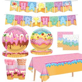 146Pcs Ice Cream Party Plates, Napkins, Banners, Forks, Straws and Tablecloths Disposable Tableware Set for Ice Cream Party, Ice Cream Birthday Party ， Baby Showers Decorations, Serves 24 Guests