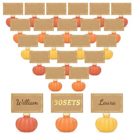 30-Pack Gradient Orange Glass Pumpkin Place Card Holders, Includes Fall Greeting Cards for Thanksgiving, Weddings & Parties, Elegant Table Name Holders